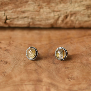 Golden Rutilated Quartz Posts - Hammered Post Earrings - Silversmith Earrings - 8mm Stones