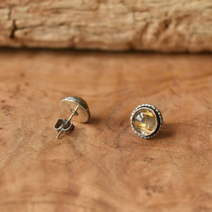 Golden Rutilated Quartz Posts - Hammered Post Earrings - Silversmith Earrings - 8mm Stones