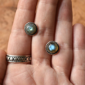 Hammered Labradorite Posts - Labradorite Earrings - Sterling Silver - 8mm Labradorite