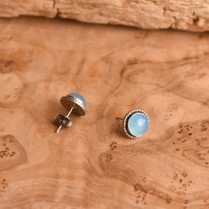 Blue Chalcedony Hammered Posts - Chalcedony Studs - Soft Blue Stud Earrings - Sterling Silver Studs