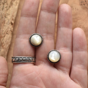 Mother of Pearl Hammered Posts - Mother Of Pearl Earrings - White Nacre Post Earrings - Silversmith