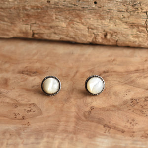 Mother of Pearl Hammered Posts - Mother Of Pearl Earrings - White Nacre Post Earrings - Silversmith