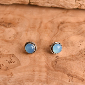 Blue Chalcedony Hammered Posts - Chalcedony Studs - Soft Blue Stud Earrings - Sterling Silver Studs