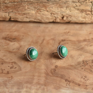 Malachite Hammered Posts - Green Malachite Earrings - .925 Sterling Silver - Big Malachite Earrings