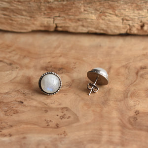 Large Hammered Posts - Rainbow Moonstone Studs - Moonstone Earrings - 10mm Rainbow Moonstone