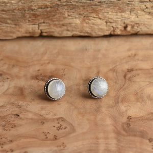 Large Hammered Posts - Rainbow Moonstone Studs - Moonstone Earrings - 10mm Rainbow Moonstone