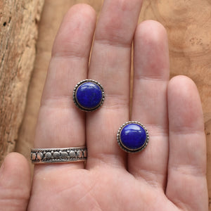 Large Lapis Posts - Hammered Lapis Posts - .925 Sterling Silver - Lapis Lazuli Earrings