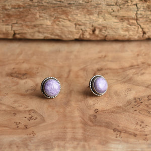 Large Purple Charoite Posts - .925 Sterling Silver - Hammered Post Earrings - Silversmith Studs