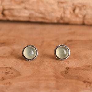 Prehnite Posts - .925 Sterling Silver - Green Post Earrings - Hammered Prehnite Earrings