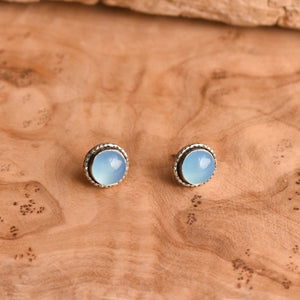 Blue Chalcedony Hammered Posts - Chalcedony Studs - Soft Blue Stud Earrings - Sterling Silver Studs