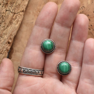 Malachite Hammered Posts - Green Malachite Earrings - .925 Sterling Silver - Big Malachite Earrings