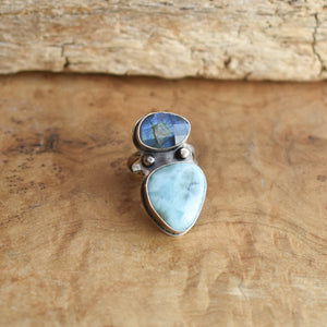 Larimar and Labradorite Ring - .925 Sterling Silver - Two Stone Ring - Big Statement Ring