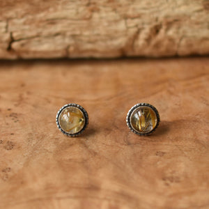 Golden Rutilated Quartz Posts - Hammered Post Earrings - Silversmith Earrings - 8mm Stones