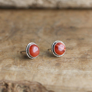 Red Agate Hammered Posts - Red Agate Studs - Red Agate Earrings - Silversmith Posts