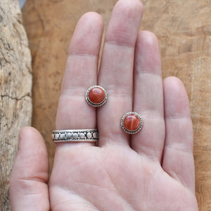 Red Agate Hammered Posts - Red Agate Studs - Red Agate Earrings - Silversmith Posts