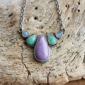 Harmony Necklace - 5 Stone Necklace - Purple Phosphosiderite - Green Chrysoprase Necklace - Aquamarine