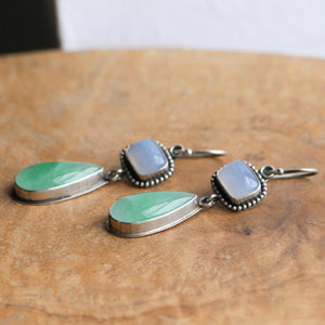 Green Burma Jade Earrings - Blue Chalcedony Drop Earrings - .925 Sterling Silver