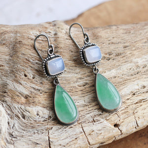 Green Burma Jade Earrings - Blue Chalcedony Drop Earrings - .925 Sterling Silver