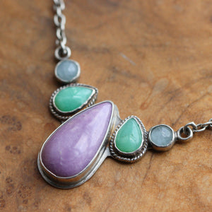 Harmony Necklace - 5 Stone Necklace - Purple Phosphosiderite - Green Chrysoprase Necklace - Aquamarine