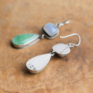 Green Burma Jade Earrings - Blue Chalcedony Drop Earrings - .925 Sterling Silver