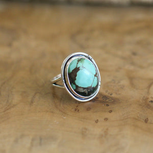 Rustic Turquoise Ring - Notched Boho Ring - .925 Sterling Silver - Old Stock Turquoise