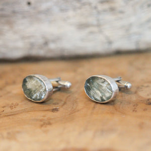 Ready to Ship - Crystal Seraphinite Cuff Links - Sage Green Cufflinks - Blue Green Cufflinks - Silversmith