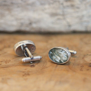 Ready to Ship - Crystal Seraphinite Cuff Links - Sage Green Cufflinks - Blue Green Cufflinks - Silversmith