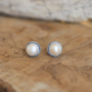 Freshwater Pearl Posts - Hammered Pearl Posts - .925 Sterling Silver - Mabe Pearl Earrings