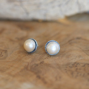 Freshwater Pearl Posts - Hammered Pearl Posts - .925 Sterling Silver - Mabe Pearl Earrings