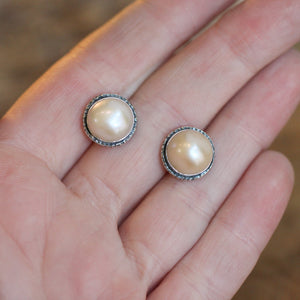 Freshwater Pearl Posts - Hammered Pearl Posts - .925 Sterling Silver - Mabe Pearl Earrings