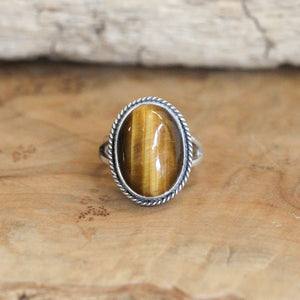 Tigers Eye Boho Ring - Big Oval Tigers Eye Ring - .925 Sterling Silver - Silversmith