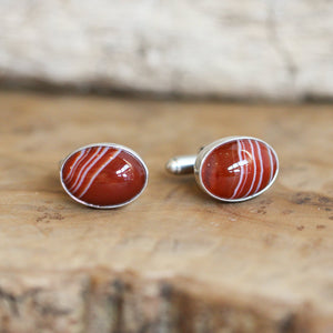 Red Banded Agate Cuff Links - .925 Sterling Silver Cufflinks - Silversmith - Red Agate Cufflinks