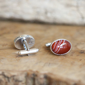 Red Banded Agate Cuff Links - .925 Sterling Silver Cufflinks - Silversmith - Red Agate Cufflinks