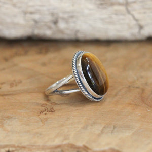 Tigers Eye Boho Ring - Big Oval Tigers Eye Ring - .925 Sterling Silver - Silversmith