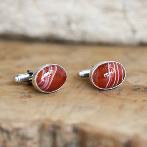 Red Banded Agate Cuff Links - .925 Sterling Silver Cufflinks - Silversmith - Red Agate Cufflinks