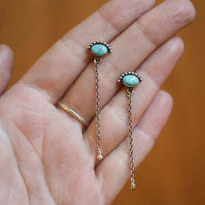 Long Turquoise Earrings - Bright Eyes Earrings - .925 Sterling Silver - Chain Earrings