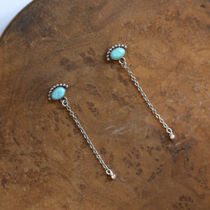 Long Turquoise Earrings - Bright Eyes Earrings - .925 Sterling Silver - Chain Earrings