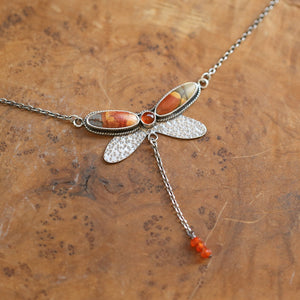 Red Creek Jasper Dragonfly Necklace - Carnelian .925 Sterling Silver Pendant
