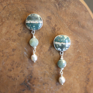 Ocean Jasper Posts with Jade and Peals - Silversmith Post Earrings - Sterling Silver Studs