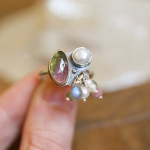 Tourmaline Ring - Fringe Ring - Freshwater Pearl Ring - Sterling Silver - Gold Filled