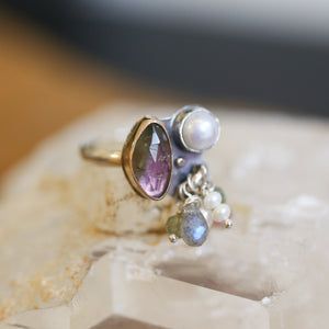 Tourmaline Ring - Fringe Ring - Freshwater Pearl Ring - Sterling Silver - Gold Filled