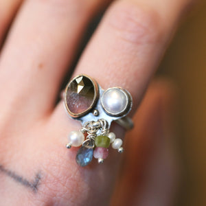 Tourmaline Ring - Fringe Ring - Freshwater Pearl Ring - Sterling Silver - Gold Filled