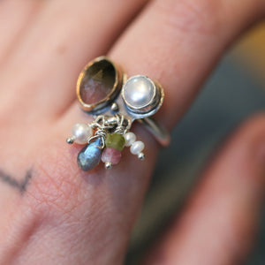 Tourmaline Ring - Fringe Ring - Freshwater Pearl Ring - Sterling Silver - Gold Filled