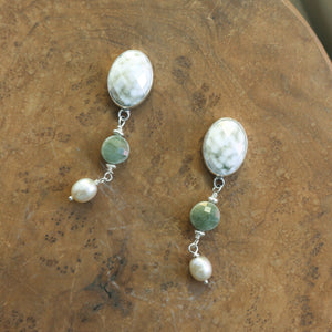 Ready to Ship - Ocean Jasper Posts with Jade and Peals - Silversmith Post Earrings - Sterling Silver Studs