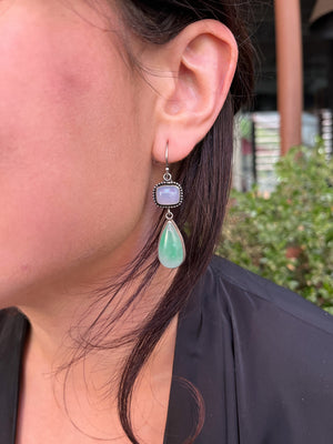 Green Burma Jade Earrings - Blue Chalcedony Drop Earrings - .925 Sterling Silver