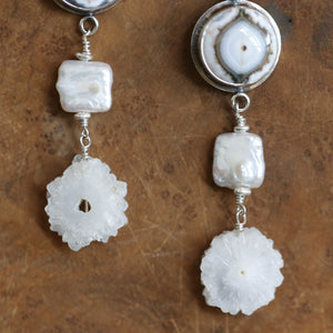 Long Ocean Jasper Drops - Freshwater Pearl - Stalactite Druzy - Choose Your Pair - Sterling Silver