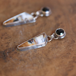 Dendtrite & Black Agate Post Drops - .925 Sterling Silver - Two Stone Earrings - Ready to Ship - OOAK