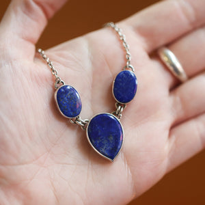 Ready to Ship - Lapis Lazuli 3 Stone Pendant - Blue Lapis Multi-stone Necklace - Silversmith Pendant