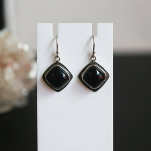 Black Agate Drop Earrings - .925 Sterling Silver - Black Onyx Earrings - Sterling Silver