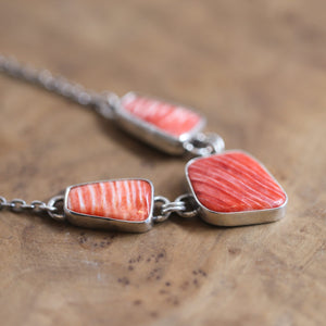 Spiny Oyster Shell 3 Stone Necklace - Spiny Oyster Necklace - Chili Pepper Red - .925 Sterling Silver